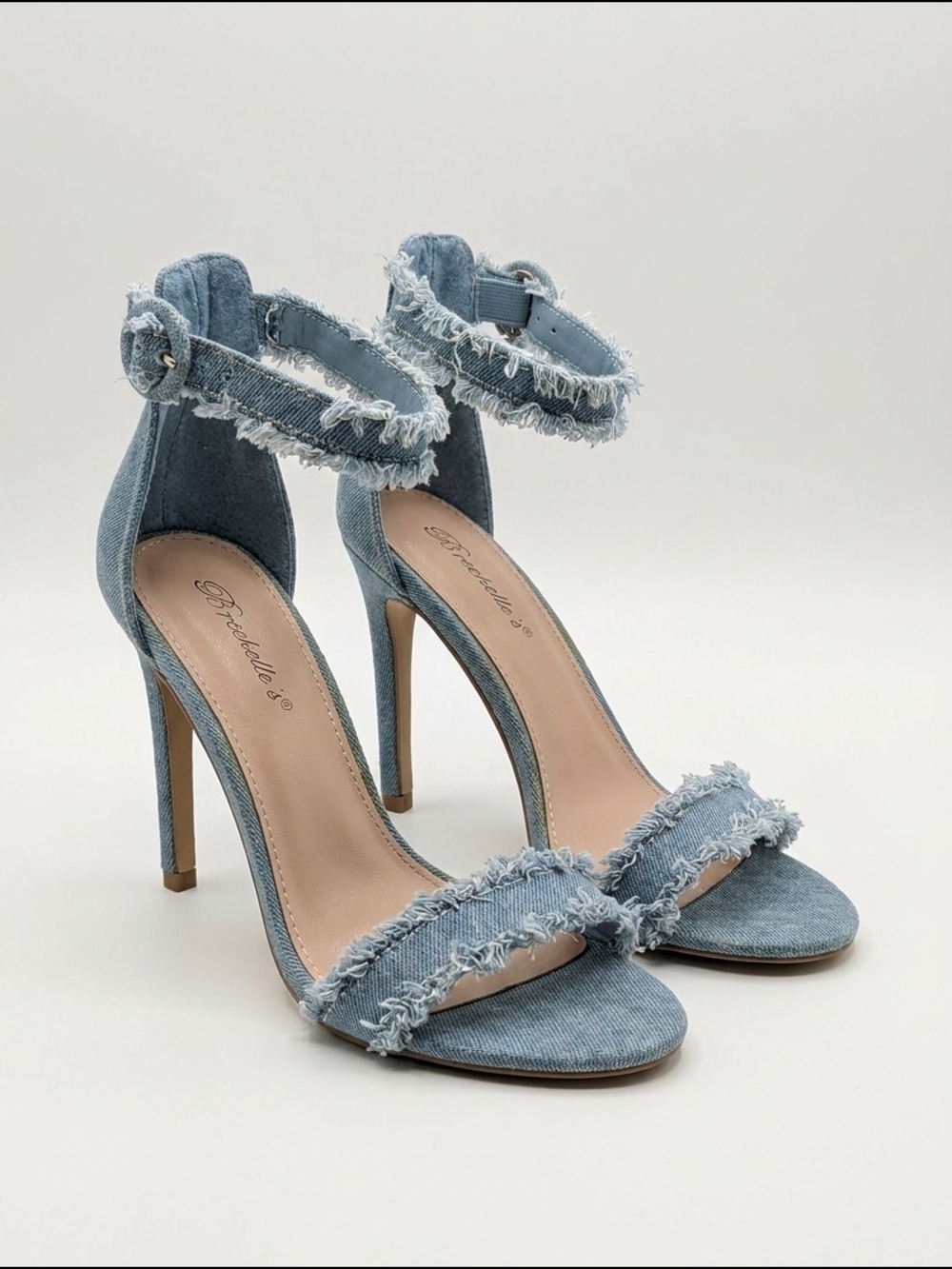Breckelles Light Blue Frayed Denim Ankle Strap Stiletto Heels